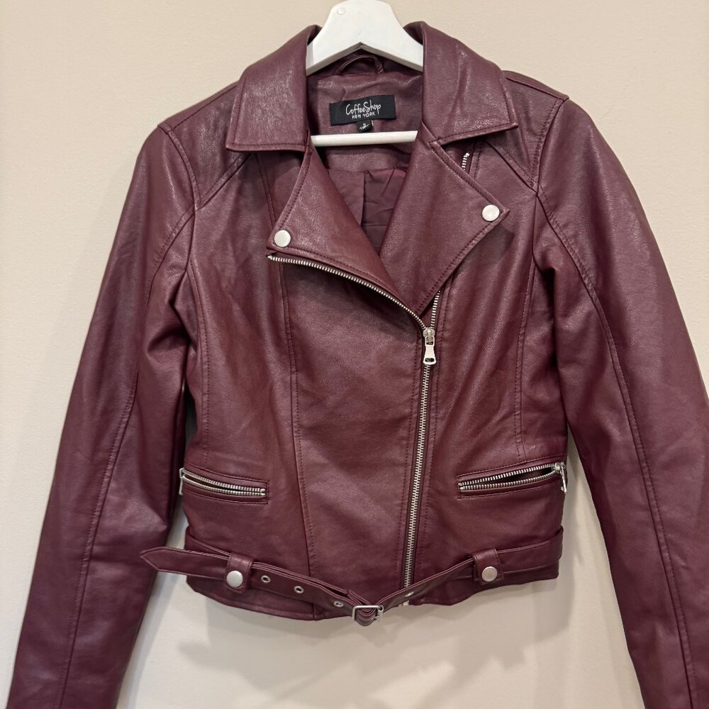 Coffee Shop New York Faux Leather Moto Jacket Berry Wine Burgundy Size Small